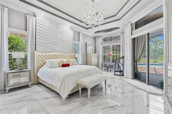 Bedroom, Chandelier, Interior, Marble, Recessed Lighting