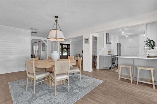 Dining room, Interior, Kitchen, Pendant Lights, Wood Texture Flooring