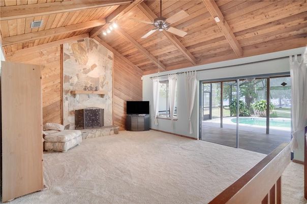 Empty room, Fireplace, Interior, Wooden Beams, Wooden Ceilings, Wooden Walls
