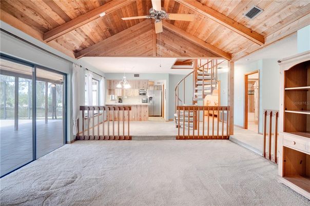 Empty room, Interior, Kitchen, Pendant Lights, Stainless Steel Appliances, Wooden Beams, Wooden Ceilings