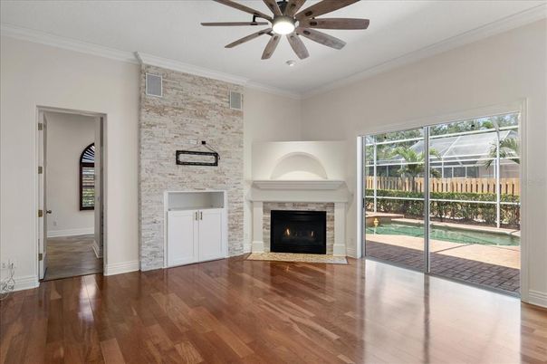 Empty room, Fireplace, Interior, Stone Walls, Wood Texture Flooring