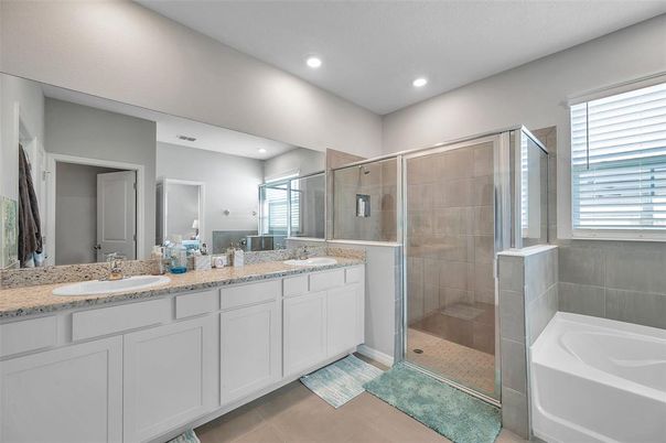 Bathroom, Dual Sink Vanities, Glass Shower, Interior, Recessed Lighting