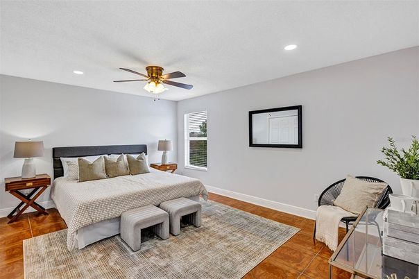 Bedroom, Interior, Recessed Lighting, Wood Texture Flooring