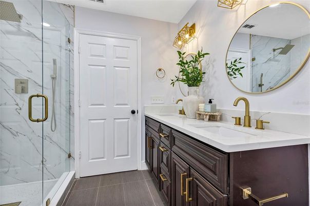 Bathroom, Dual Sink Vanities, Glass Shower, Interior, Marble Walls