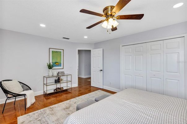 Bedroom, Interior, Recessed Lighting, Wood Texture Flooring