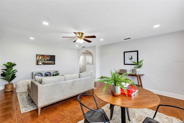 Dining room, Interior, Living room, Recessed Lighting, Wood Texture Flooring
