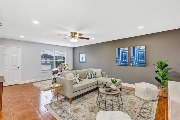 Dining room, Interior, Living room, Recessed Lighting, Wood Texture Flooring