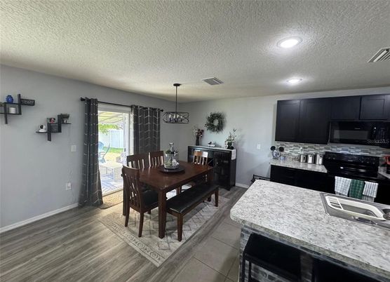 Dining room, Interior, Kitchen, Pendant Lights, Recessed Lighting, Wood Texture Flooring