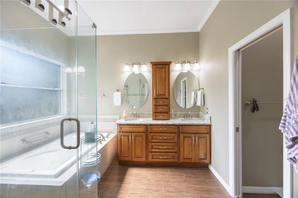 Bathroom, Dual Sink Vanities, Glass Shower, Interior, Wood Texture Flooring
