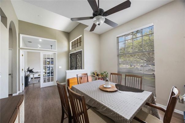 Dining room, Interior, Recessed Lighting, Wood Texture Flooring