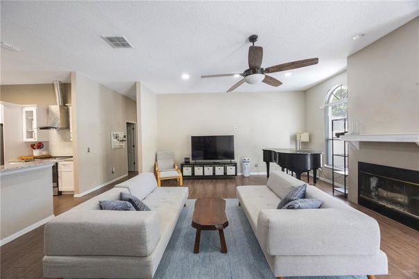 Fireplace, Interior, Kitchen, Living room, Piano, Recessed Lighting, Wood Texture Flooring