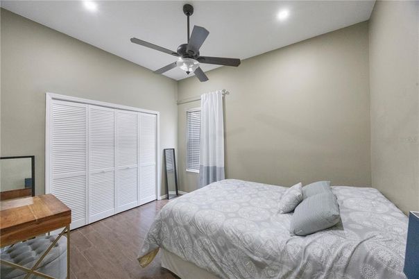 Bedroom, Interior, Recessed Lighting, Wood Texture Flooring