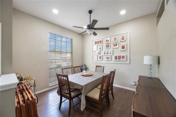 Dining room, Interior, Recessed Lighting, Wood Texture Flooring