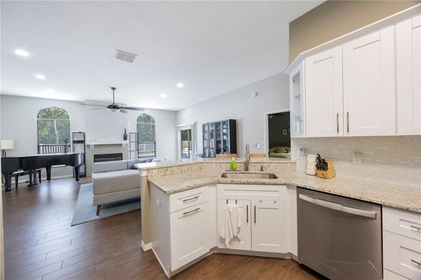 Interior, Kitchen, Piano, Recessed Lighting, Wood Texture Flooring