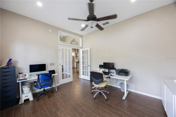 Home Office, Interior, Recessed Lighting, Wood Texture Flooring