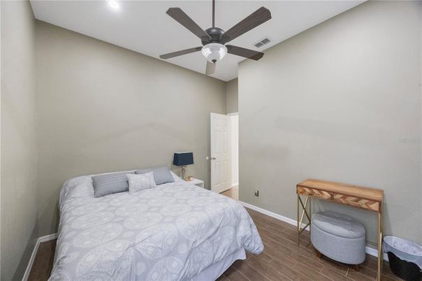 Bedroom, Interior, Recessed Lighting, Wood Texture Flooring