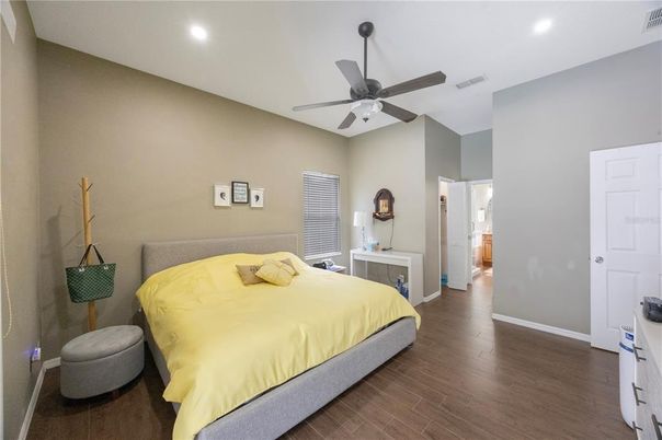 Bedroom, Interior, Recessed Lighting, Wood Texture Flooring