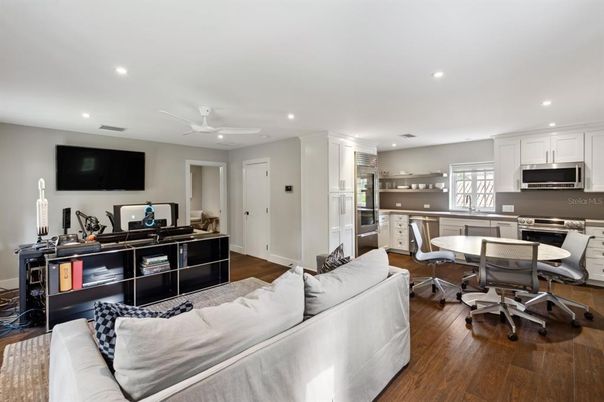 Home Office, Interior, Kitchen, Living room, Recessed Lighting, Wood Texture Flooring
