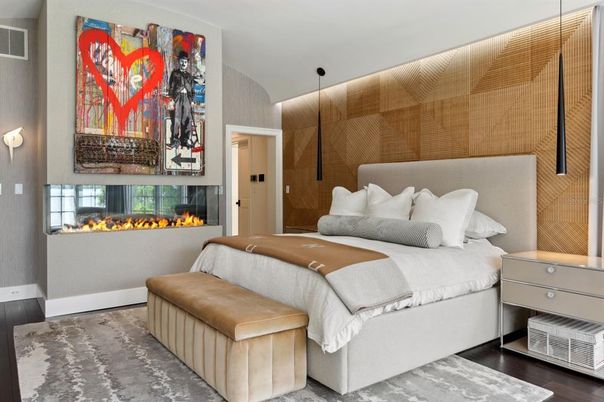 Bedroom, Fireplace, Interior, Wood Texture Flooring