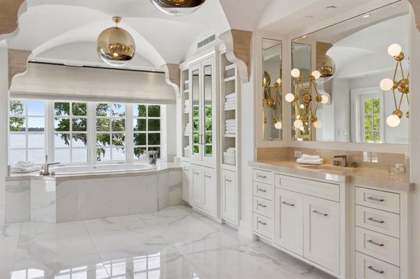 Bathroom, Dual Sink Vanities, Interior, Marble, Pendant Lights