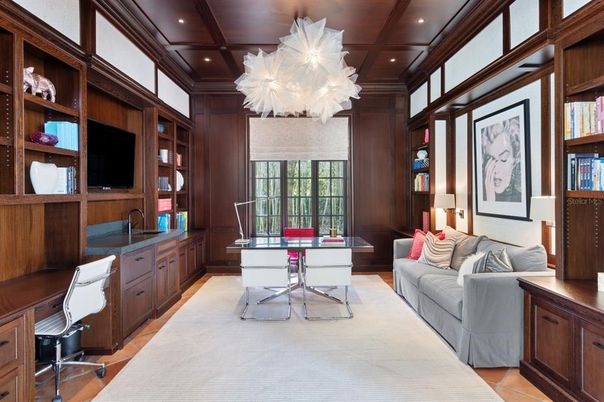 Chandelier, Home Office, Interior, Pendant Lights, Recessed Lighting, Wooden Beams