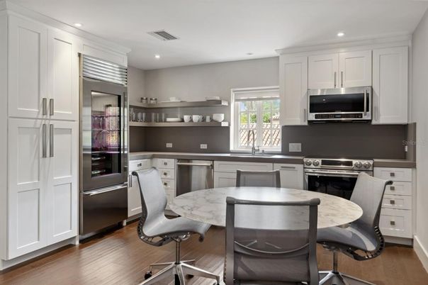 Interior, Kitchen, Recessed Lighting, Stainless Steel Appliances, Wood Texture Flooring