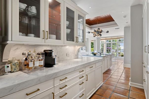Interior, Kitchen, Marble Walls, Pendant Lights, Recessed Lighting, Wooden Ceilings
