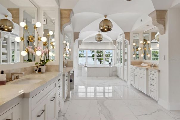 Bathroom, Dual Sink Vanities, Interior, Marble, Pendant Lights