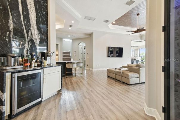 Interior, Kitchen, Living room, Recessed Lighting, Wood Texture Flooring