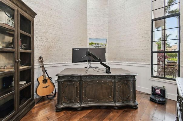 Home Office, Interior, Stone Walls, Wood Texture Flooring