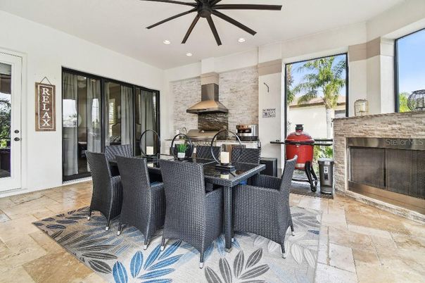 Dining room, Fireplace, Interior, Kitchen, Recessed Lighting, Stone Walls
