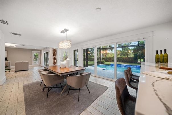 Chandelier, Dining room, Interior, Recessed Lighting, Wood Texture Flooring