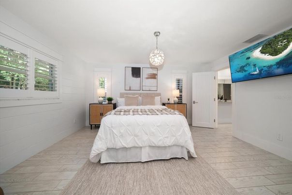 Bedroom, Interior, Pendant Lights, Wood Texture Flooring