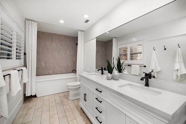 Bathroom, Dual Sink Vanities, Interior, Recessed Lighting, Wood Texture Flooring