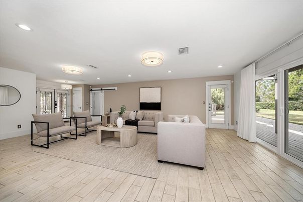 Interior, Living room, Recessed Lighting, Wood Texture Flooring