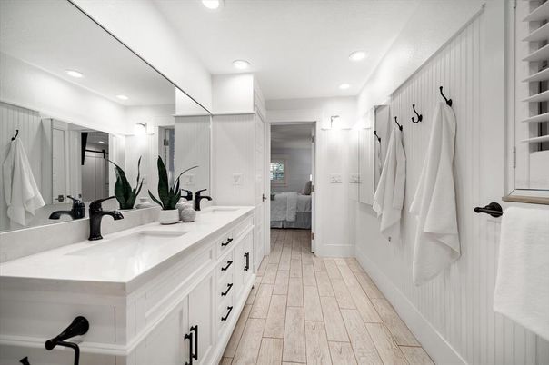 Bathroom, Bedroom, Dual Sink Vanities, Interior, Recessed Lighting, Wood Texture Flooring