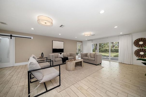 Interior, Living room, Recessed Lighting, Wood Texture Flooring