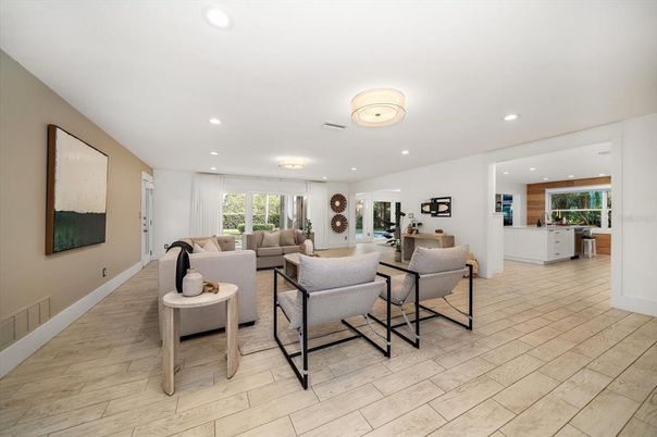 Interior, Kitchen, Living room, Recessed Lighting, Wood Texture Flooring