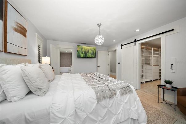 Bedroom, Interior, Pendant Lights, Recessed Lighting, Wood Texture Flooring