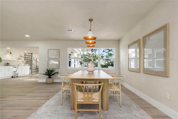 Dining room, Interior, Pendant Lights, Recessed Lighting, Wood Texture Flooring