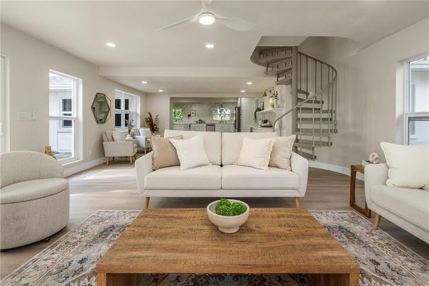 Dining room, Interior, Living room, Recessed Lighting, Wood Texture Flooring
