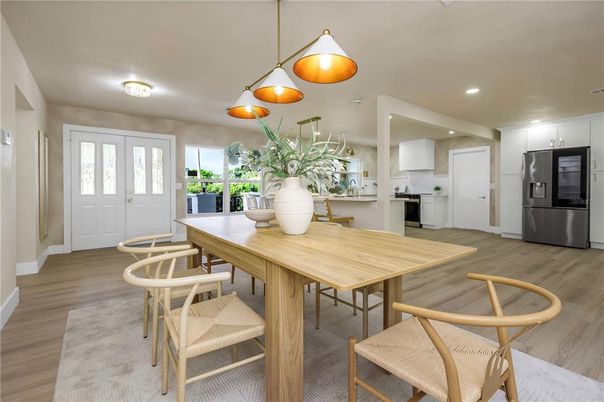 Dining room, Interior, Kitchen, Pendant Lights, Recessed Lighting, Stainless Steel Appliances, Wood Texture Flooring