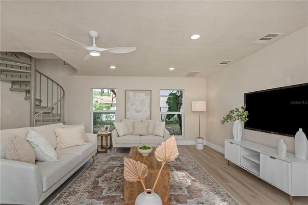 Interior, Living room, Recessed Lighting, Wood Texture Flooring