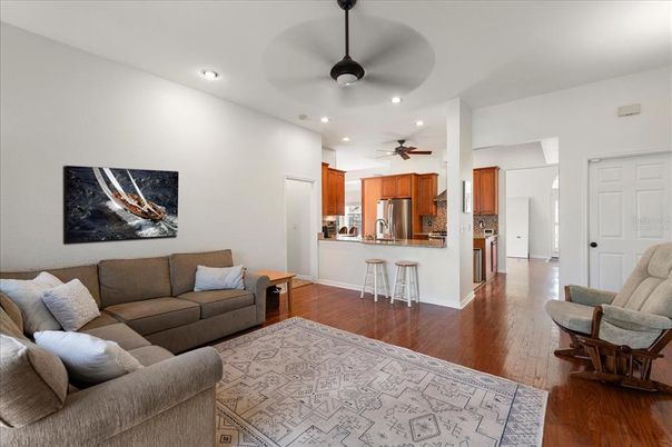 Interior, Kitchen, Living room, Recessed Lighting, Stainless Steel Appliances, Wood Texture Flooring