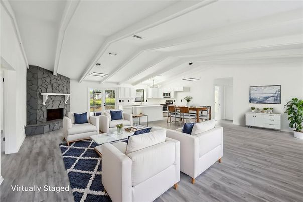 Dining room, Fireplace, Interior, Kitchen, Living room, Pendant Lights, Stone Walls, Wood Texture Flooring