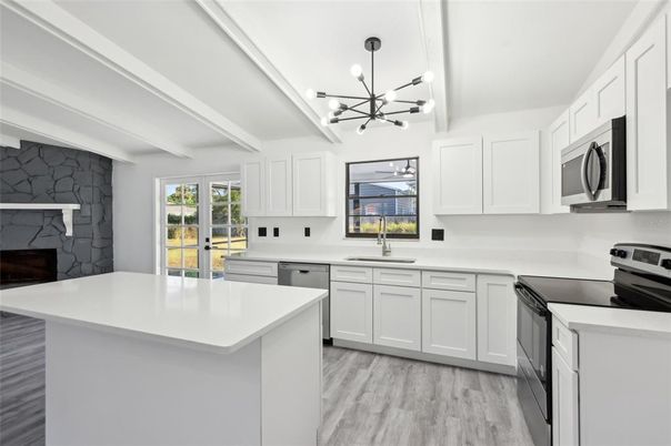 Interior, Kitchen, Pendant Lights, Stainless Steel Appliances, Wood Texture Flooring