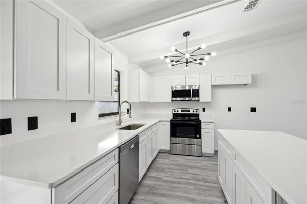 Interior, Kitchen, Pendant Lights, Stainless Steel Appliances, Wood Texture Flooring