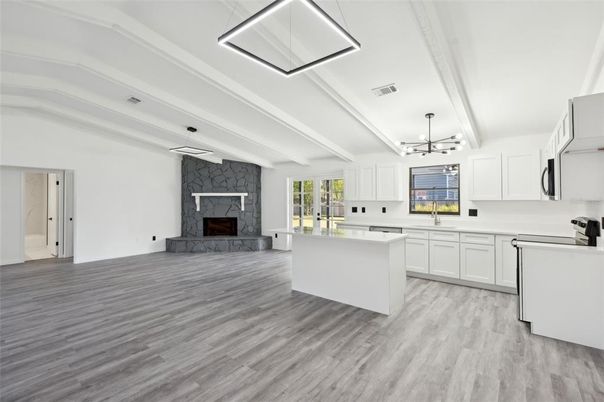 Fireplace, Interior, Kitchen, Pendant Lights, Wood Texture Flooring