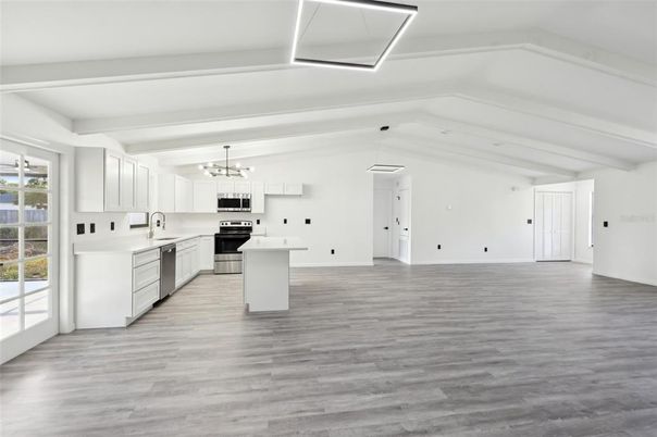 Interior, Kitchen, Pendant Lights, Stainless Steel Appliances, Wood Texture Flooring