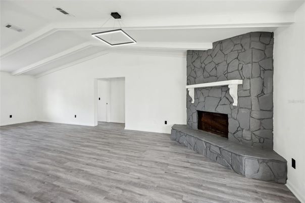 Empty room, Fireplace, Interior, Pendant Lights, Wood Texture Flooring